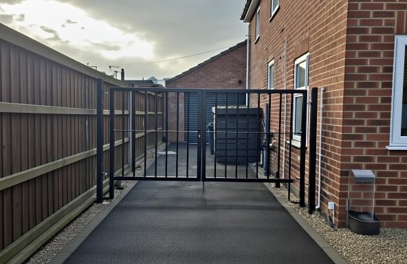 Black metal gate on a paved pathway between brick houses, with a bin nearby.