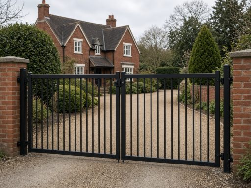 Example illustration Example illustration: black steel flat-top driveway gates
