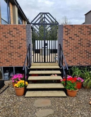 Black gate with stairs, flanked by potted flowers, leading to a pathway.