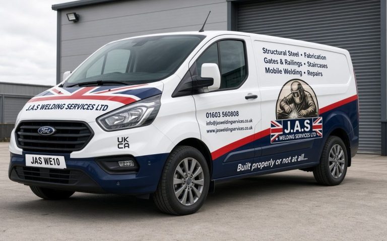 J.A.S Welding Services van on a steel construction site, Norfolk