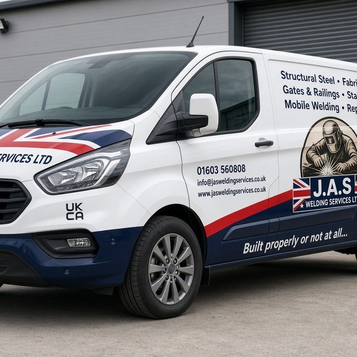 J.A.S Welding Services van on a steel construction site, Norfolk